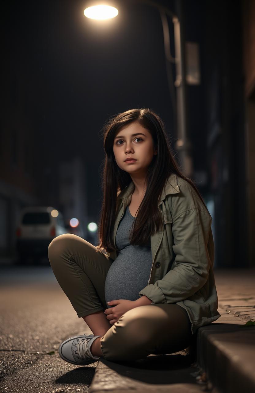 A young brunette girl, aged around 17, looking thoughtfully concerned while seated on a curb in a dark, atmospheric street