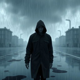 A lonely figure walking through a heavy rain, wearing a hooded raincoat, with dark clouds looming overhead