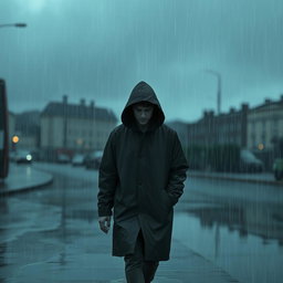 A lonely figure walking through a heavy rain, wearing a hooded raincoat, with dark clouds looming overhead