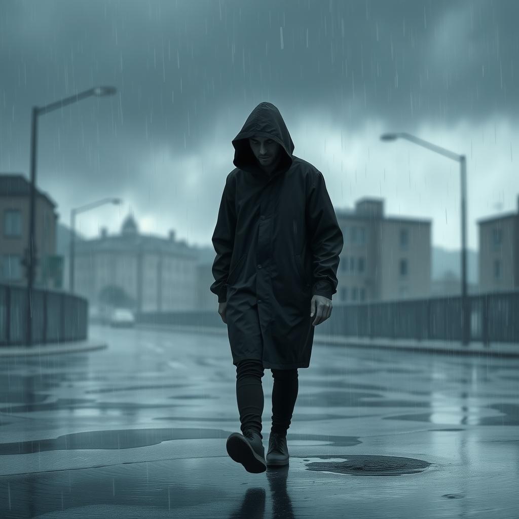 A lonely figure walking through a heavy rain, wearing a hooded raincoat, with dark clouds looming overhead