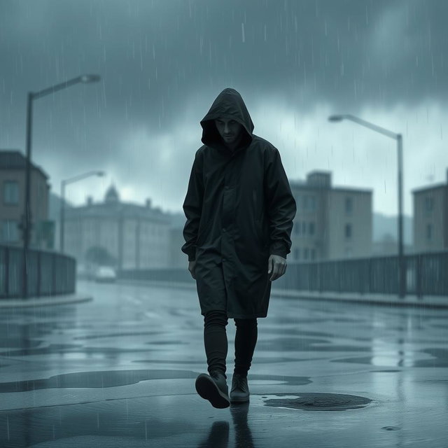 A lonely figure walking through a heavy rain, wearing a hooded raincoat, with dark clouds looming overhead