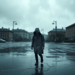 A lonely figure walking through a heavy rain, wearing a hooded raincoat, with dark clouds looming overhead