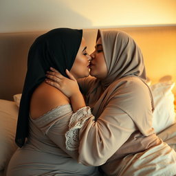 A sensual and intimate scene showcasing two voluptuous women from the Middle Eastern background, both in their 40s and 18, sharing a passionate kiss while embracing in a cozy bed