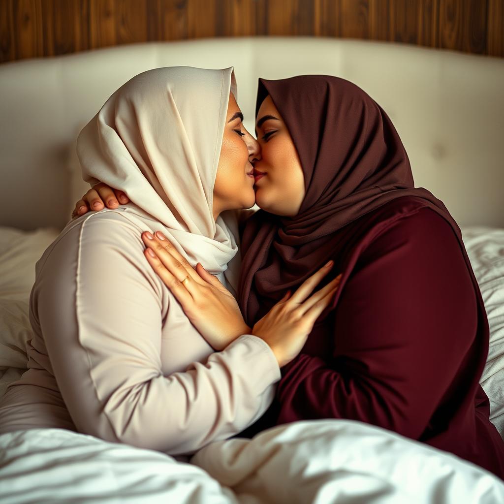 A sensual and intimate scene showcasing two voluptuous women from the Middle Eastern background, both in their 40s and 18, sharing a passionate kiss while embracing in a cozy bed