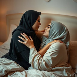 A sensual and intimate scene showcasing two voluptuous women from the Middle Eastern background, both in their 40s and 18, sharing a passionate kiss while embracing in a cozy bed