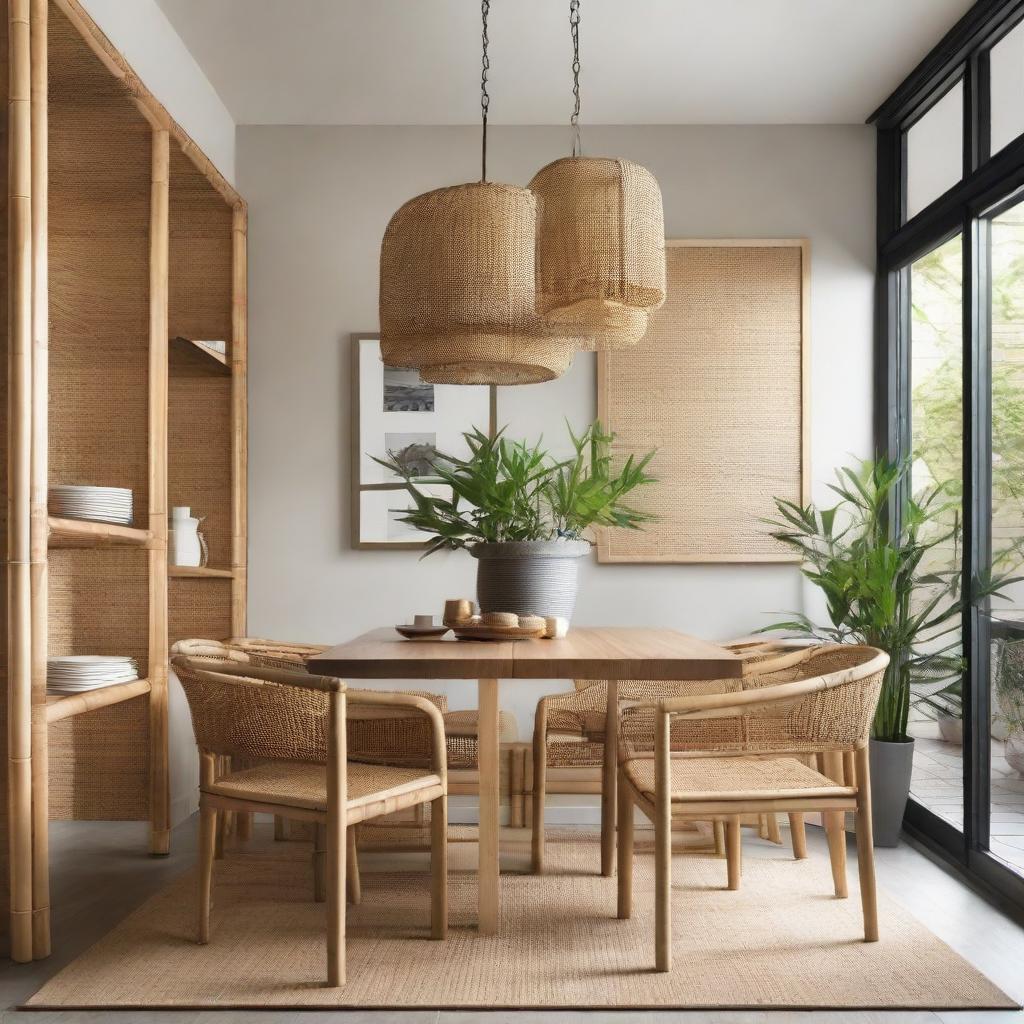 An industrially designed dining room featuring bamboo and rattan décor.