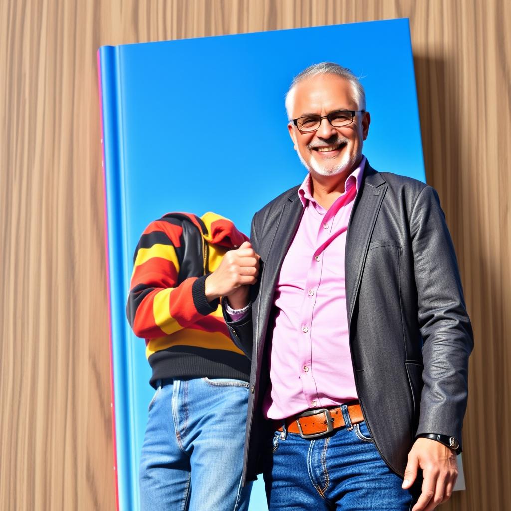 A vibrant and lively book cover featuring the main characters: the male lead is a playful and youthful hip-hop singer, rapper, who is younger and exudes a fun vibe, while the male manager is older, meticulous, and a bit petite compared to the lead