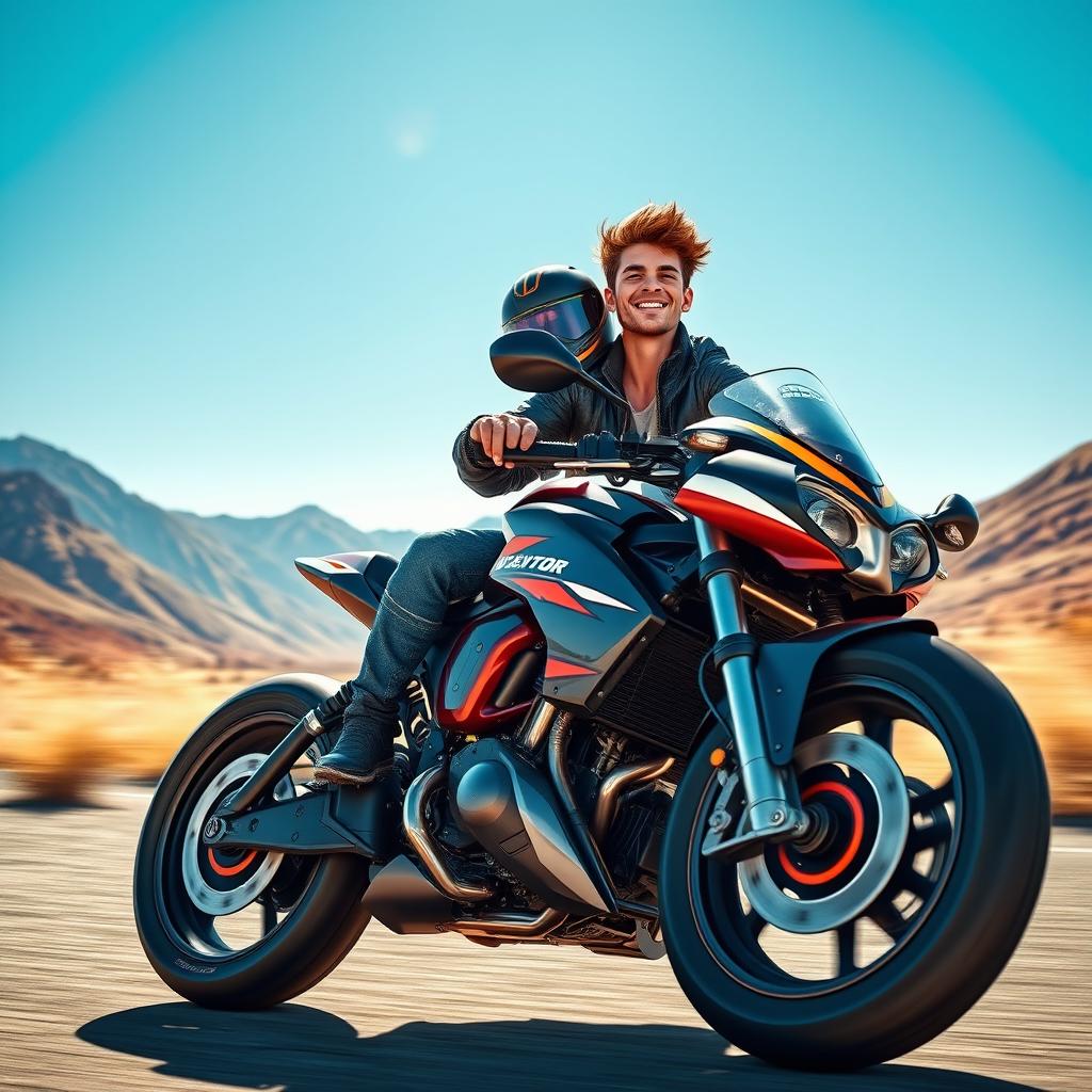 A dynamic scene depicting a character named Viktor joyfully riding a radical-looking motorcycle