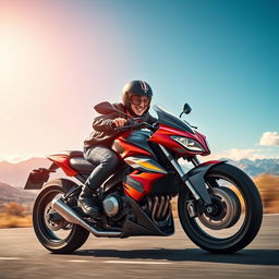 A dynamic scene depicting a character named Viktor joyfully riding a radical-looking motorcycle