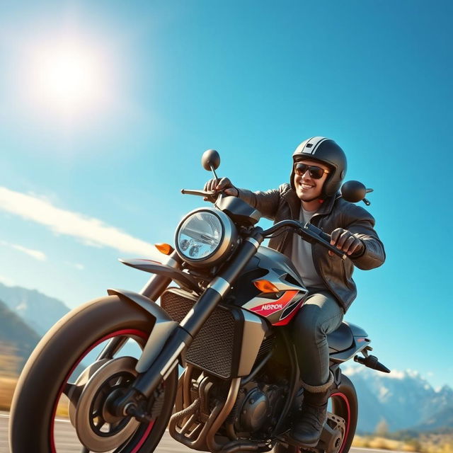 A dynamic scene depicting a character named Viktor joyfully riding a radical-looking motorcycle