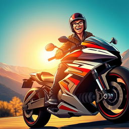 A dynamic scene depicting a character named Viktor joyfully riding a radical-looking motorcycle
