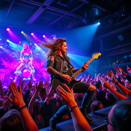 A stunning, high-energy concert scene featuring an electric guitarist passionately performing on stage