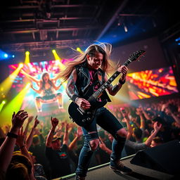 A stunning, high-energy concert scene featuring an electric guitarist passionately performing on stage