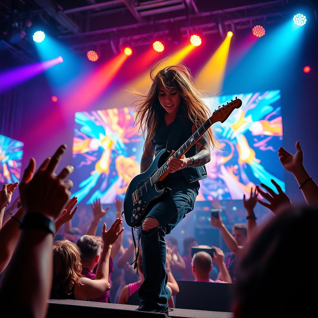 A stunning, high-energy concert scene featuring an electric guitarist passionately performing on stage