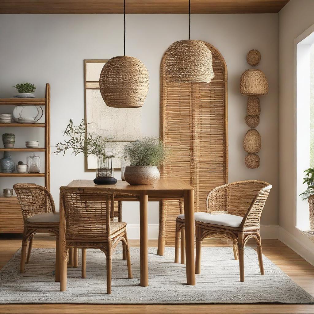 An industrially designed dining room featuring bamboo and rattan décor.