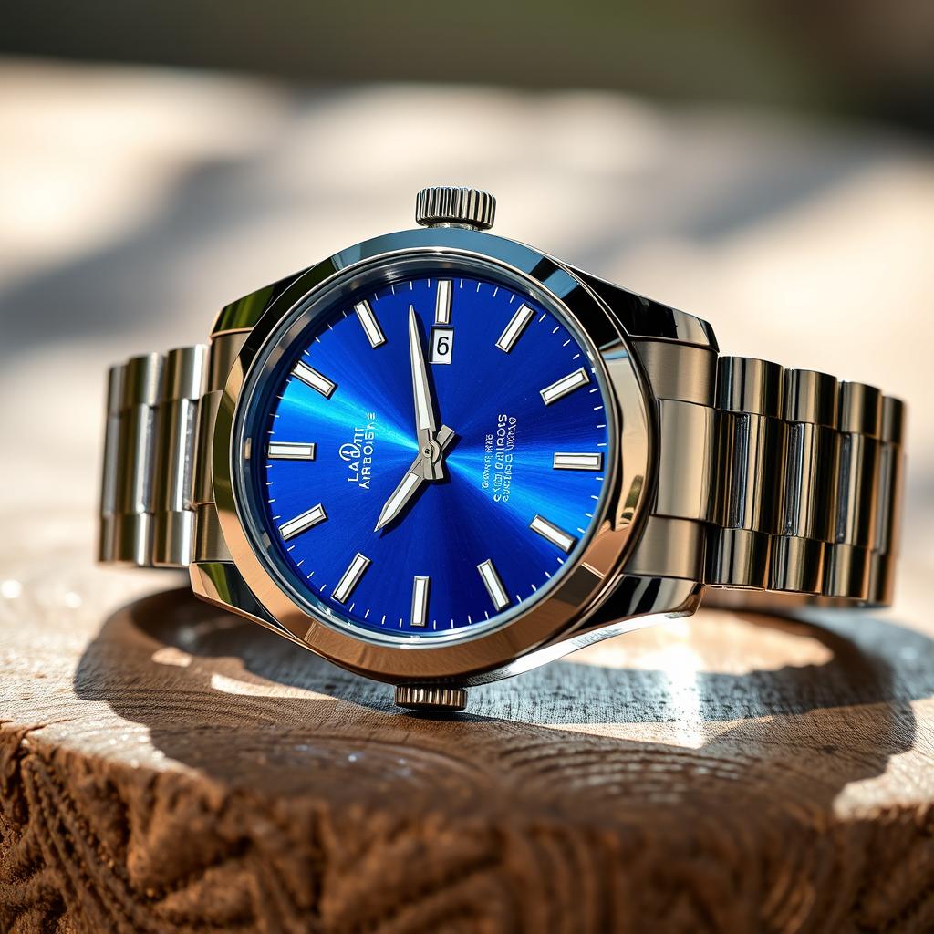 A close-up photo of a luxury watch, featuring a sleek, modern design with a shiny silver stainless steel band and a stunning blue dial