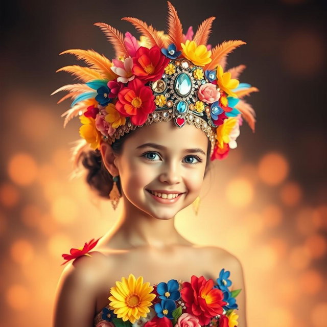 A beautiful girl wearing a vibrant and intricate headdress inspired by the first photo, adorned with colorful flowers, feathers, and shimmering jewels