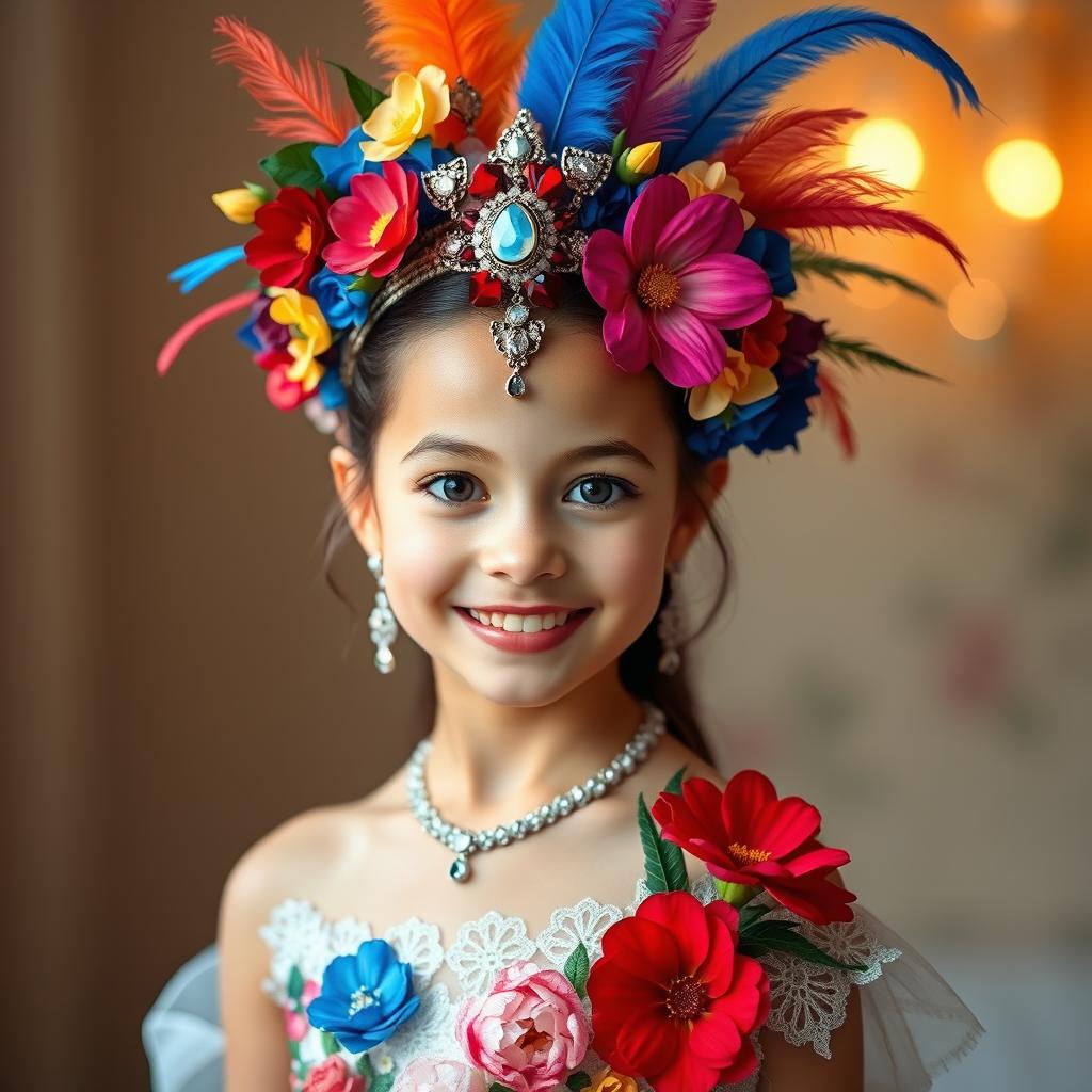 A beautiful girl wearing a vibrant and intricate headdress inspired by the first photo, adorned with colorful flowers, feathers, and shimmering jewels