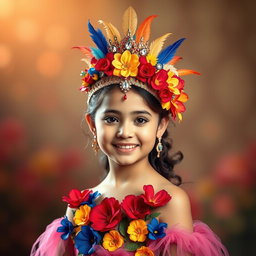 A beautiful girl wearing a vibrant and intricate headdress inspired by the first photo, adorned with colorful flowers, feathers, and shimmering jewels