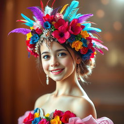 A beautiful girl wearing a vibrant and intricate headdress inspired by the first photo, adorned with colorful flowers, feathers, and shimmering jewels
