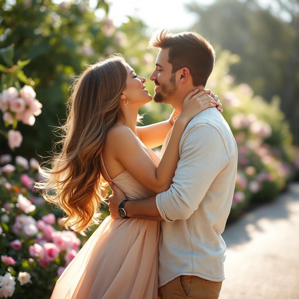 A romantic scene capturing a loving couple sharing a passionate kiss