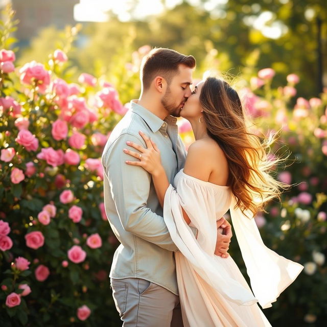 A romantic scene capturing a loving couple sharing a passionate kiss
