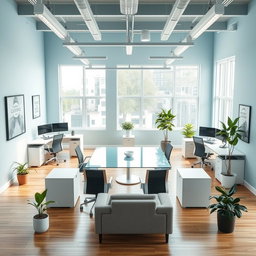 A modern office layout designed for a 25 square meter space, featuring a collaborative workspace for five employees