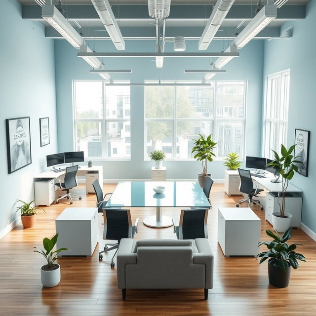 A modern office layout designed for a 25 square meter space, featuring a collaborative workspace for five employees