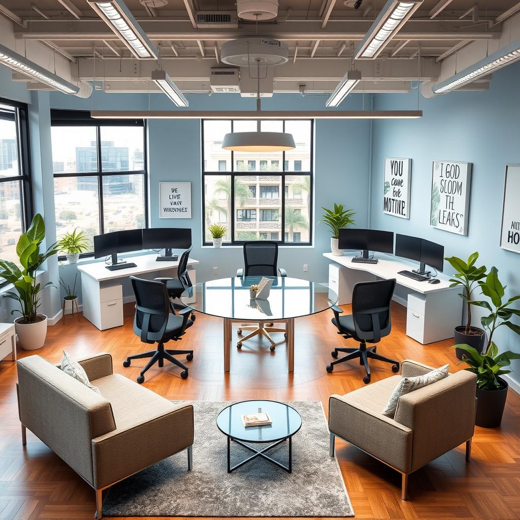 A modern office layout designed for a 25 square meter space, featuring a collaborative workspace for five employees