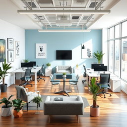 A modern office layout designed for a 25 square meter space, featuring a collaborative workspace for five employees