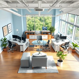 A modern office layout designed for a 25 square meter space, featuring a collaborative workspace for five employees