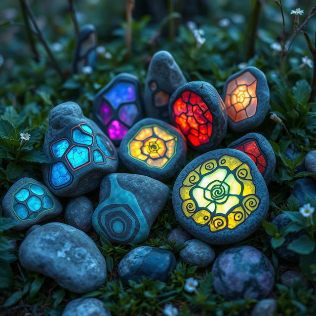 A serene and mystical scene featuring a collection of whimsical and artistic stones, each uniquely shaped and textured, arranged in an enchanting natural setting
