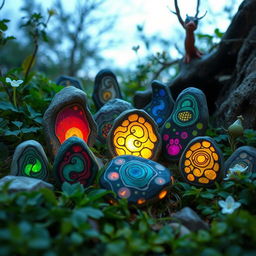 A serene and mystical scene featuring a collection of whimsical and artistic stones, each uniquely shaped and textured, arranged in an enchanting natural setting