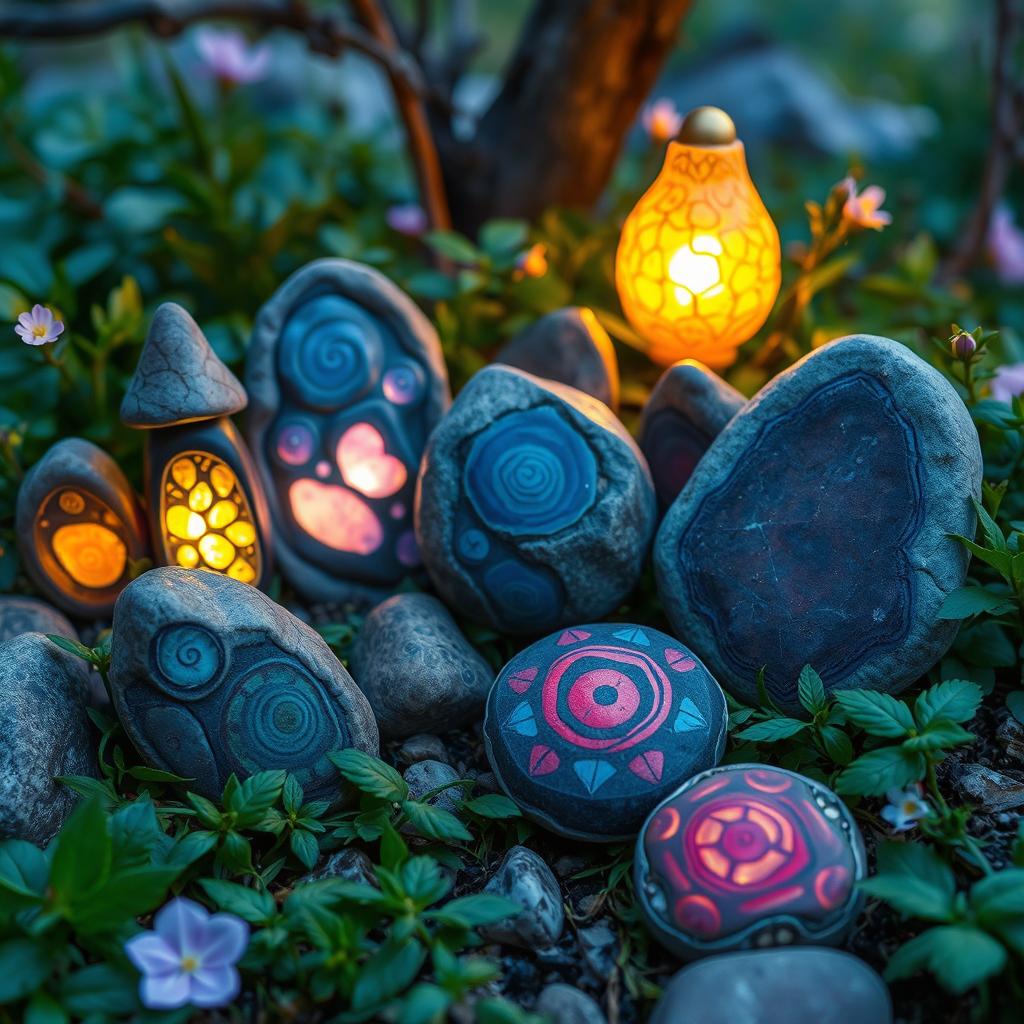 A serene and mystical scene featuring a collection of whimsical and artistic stones, each uniquely shaped and textured, arranged in an enchanting natural setting