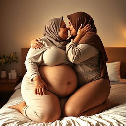 A cozy and intimate scene featuring two voluptuous women, one in her mid-40s and the other in her late teens, both wearing hijabs