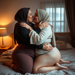 A cozy and intimate scene featuring two voluptuous women, one in her mid-40s and the other in her late teens, both wearing hijabs