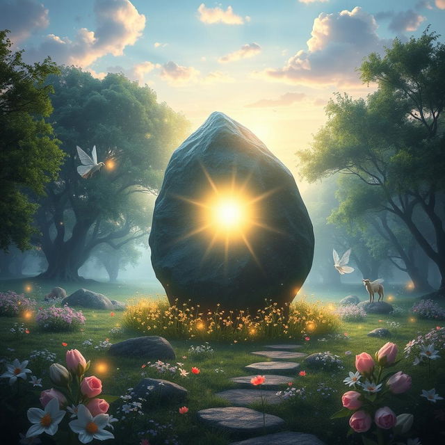 A mystical landscape featuring a large, radiant poetic stone at its center, surrounded by delicate flowers and shimmering lights