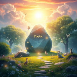 A mystical landscape featuring a large, radiant poetic stone at its center, surrounded by delicate flowers and shimmering lights