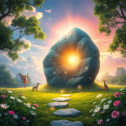A mystical landscape featuring a large, radiant poetic stone at its center, surrounded by delicate flowers and shimmering lights