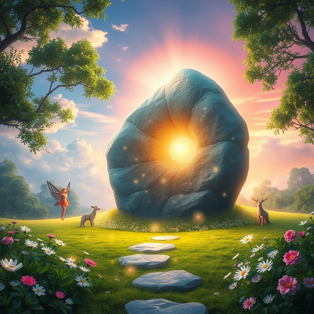 A mystical landscape featuring a large, radiant poetic stone at its center, surrounded by delicate flowers and shimmering lights
