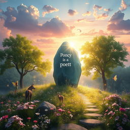 A mystical landscape featuring a large, radiant poetic stone at its center, surrounded by delicate flowers and shimmering lights