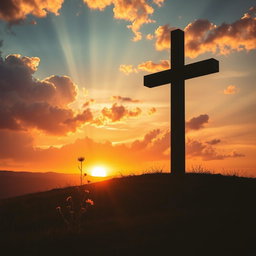 A dramatic scene featuring a large, shadowy cross looming over a serene landscape at sunset, casting a long shadow on a grassy hill
