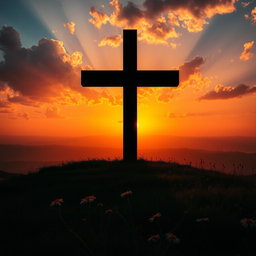 A dramatic scene featuring a large, shadowy cross looming over a serene landscape at sunset, casting a long shadow on a grassy hill