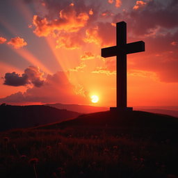 A dramatic scene featuring a large, shadowy cross looming over a serene landscape at sunset, casting a long shadow on a grassy hill