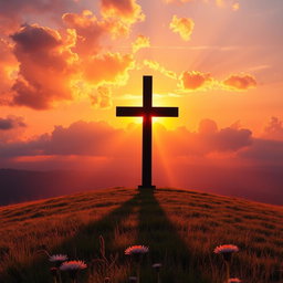 A dramatic scene featuring a large, shadowy cross looming over a serene landscape at sunset, casting a long shadow on a grassy hill