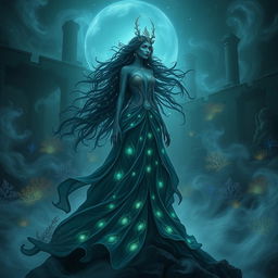 A majestic and darkly enchanting abyss queen, adorned in a flowing, shimmering gown that reflects the depths of the ocean and the mysteries of the night sky
