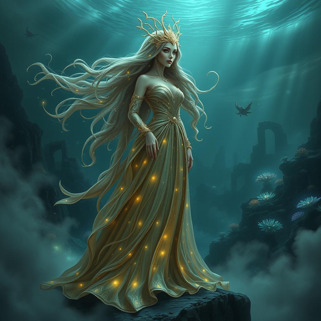 A majestic and darkly enchanting abyss queen, adorned in a flowing, shimmering gown that reflects the depths of the ocean and the mysteries of the night sky