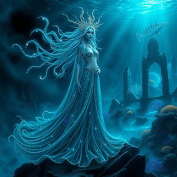 A majestic and darkly enchanting abyss queen, adorned in a flowing, shimmering gown that reflects the depths of the ocean and the mysteries of the night sky