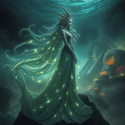 A majestic and darkly enchanting abyss queen, adorned in a flowing, shimmering gown that reflects the depths of the ocean and the mysteries of the night sky