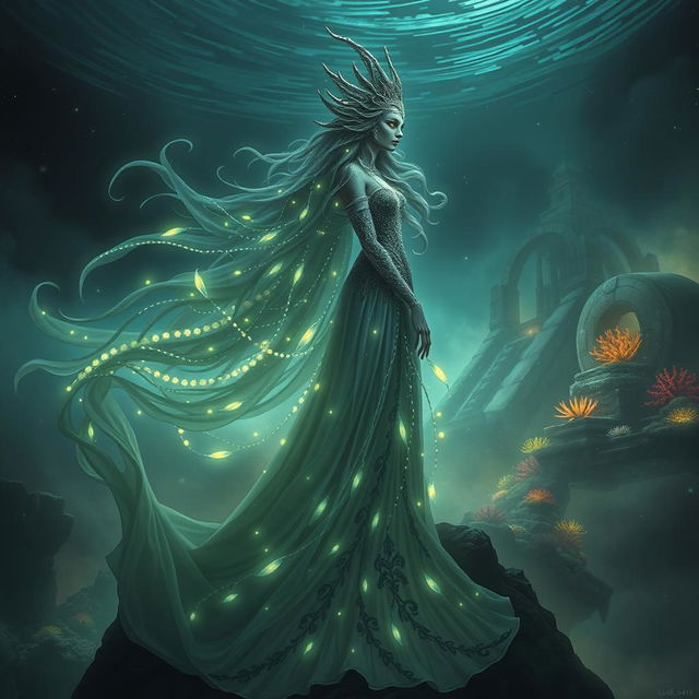 A majestic and darkly enchanting abyss queen, adorned in a flowing, shimmering gown that reflects the depths of the ocean and the mysteries of the night sky